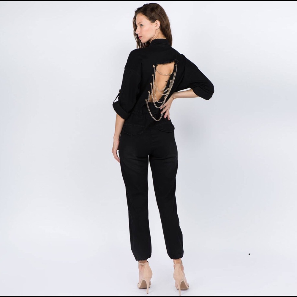 Black Denim Jumpsuit with Gold Chains
